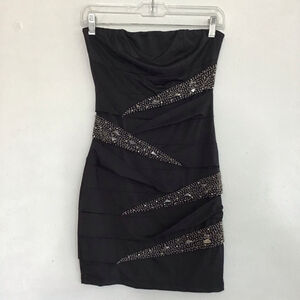 NIKIBIKI Women Black Strapless Event Dress with Silver Embellishments S